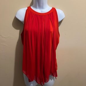 Fitted top, drape fabric fringe front, sleeveless, red